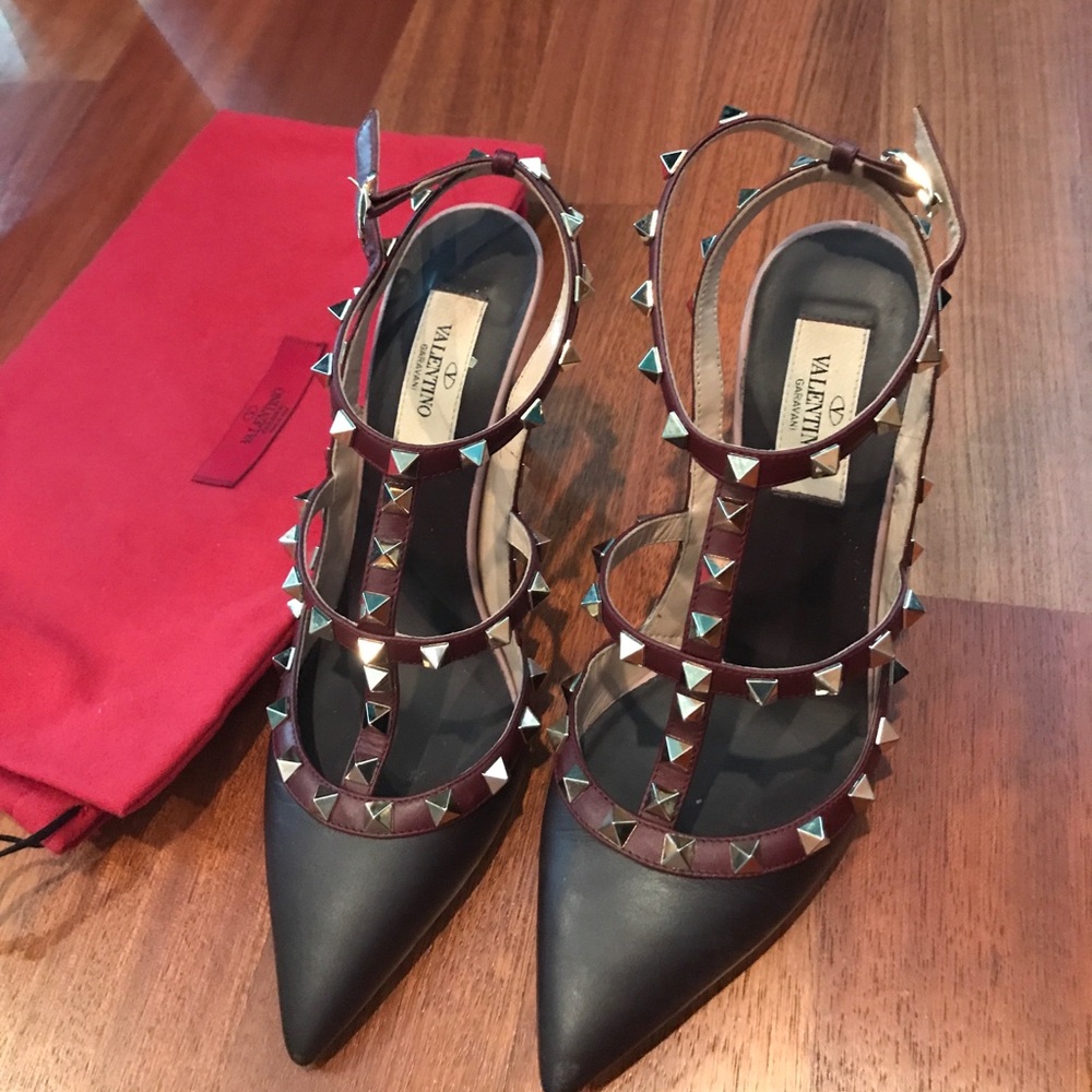 Valentino Black Pointed Rockstud Strappy Heels with Dark Red Trim